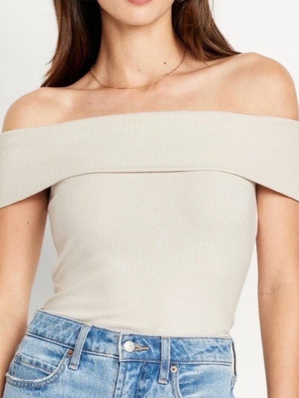 Old Navy Cream Ribbed Cowl Neck Off the Shoulder Tank